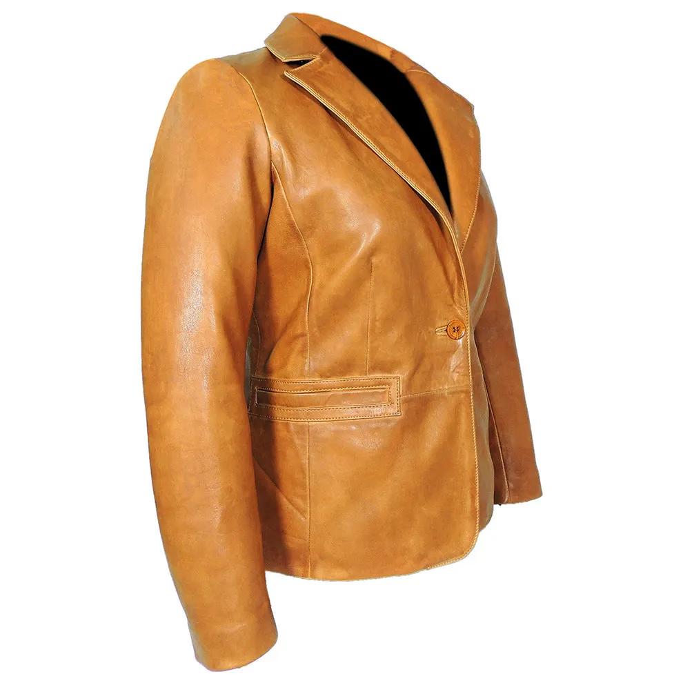 Karma Womens Caramel Tan Leather Blazer by Inland Leather Co.