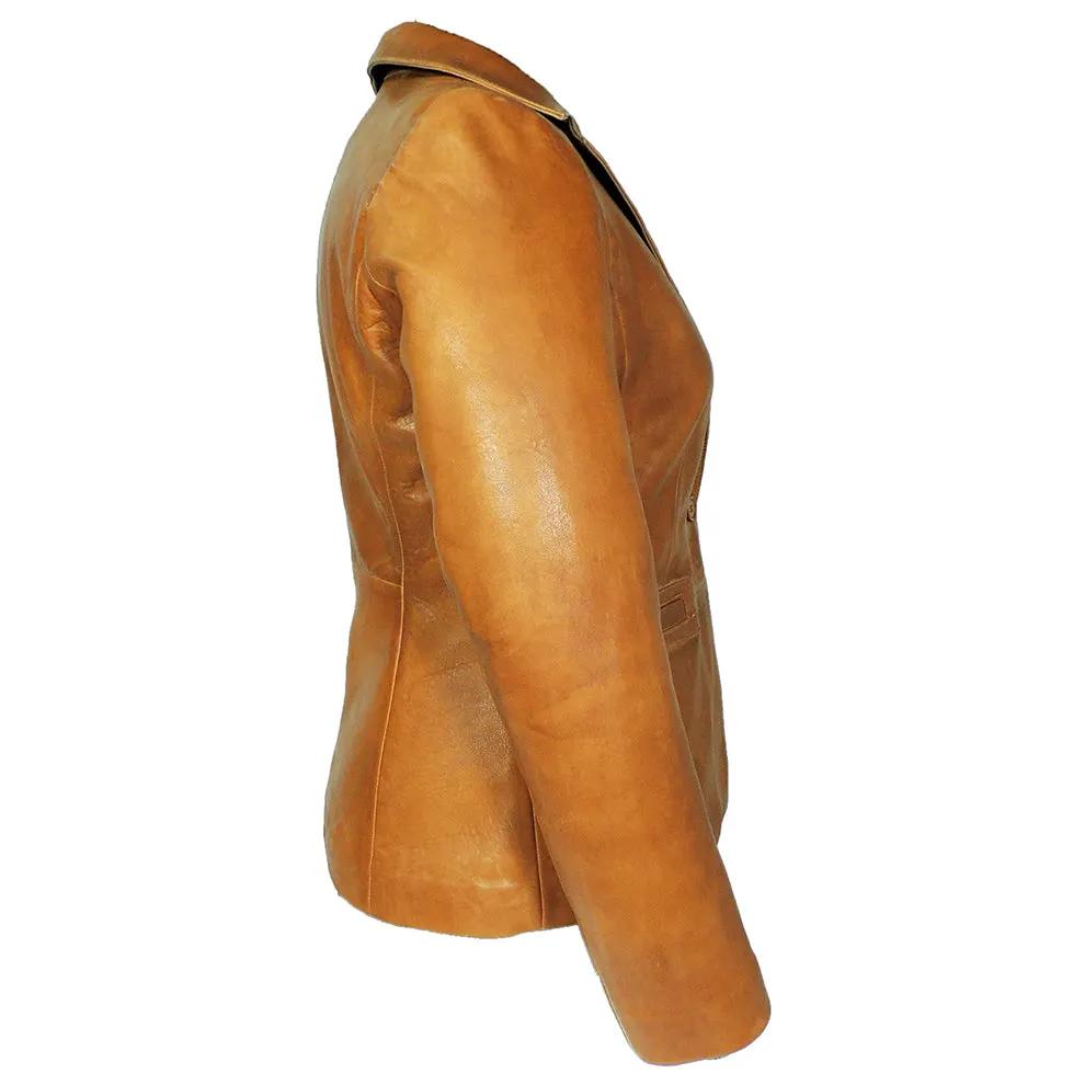 Karma Womens Caramel Tan Leather Blazer by Inland Leather Co.