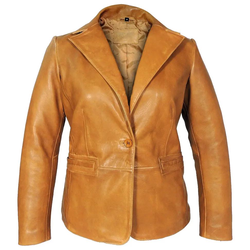 Karma Womens Caramel Tan Leather Blazer by Inland Leather Co.