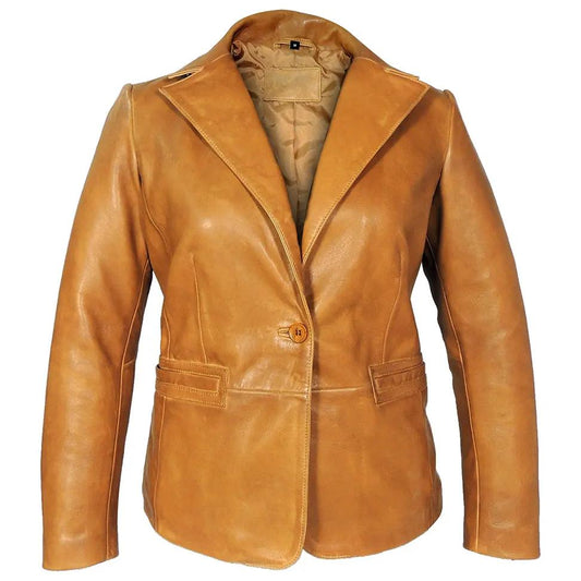 Karma Womens Caramel Tan Leather Blazer by Inland Leather Co.