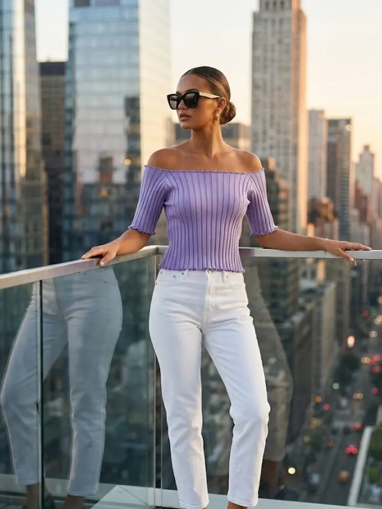 Lavender ASTOR Ribbed Off-the-Shoulder Top Prêt-à-Porter BYMANYC ® by BYMANYC ® New York