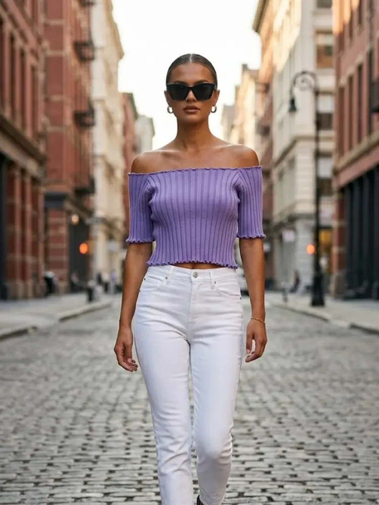 Lavender ASTOR Ribbed Off-the-Shoulder Top Prêt-à-Porter BYMANYC ® by BYMANYC ® New York