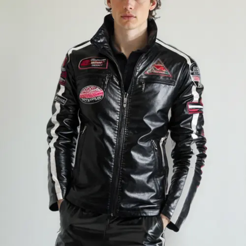Men’s Vegan Leather Biker Jacket with Badges Faux Fur Lined by Inland Leather