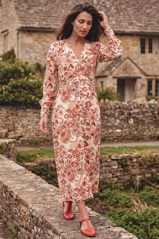 Lila Grace Long Sleeve Pearl Button Midi Dress by ELF