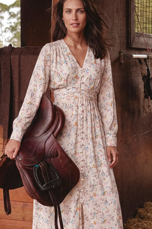 Lila Grace Long Sleeve Pearl Button Midi Dress by ELF