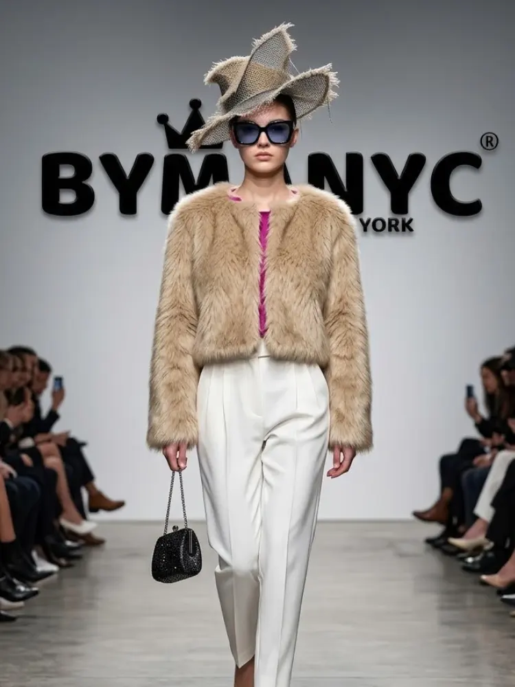 Women's Fluffy Beige Cropped Jacket BYMANYC ® New York CONTEMPORARY VIBRANT MODERN FASHION - New Collection by BYMANYC ® New York