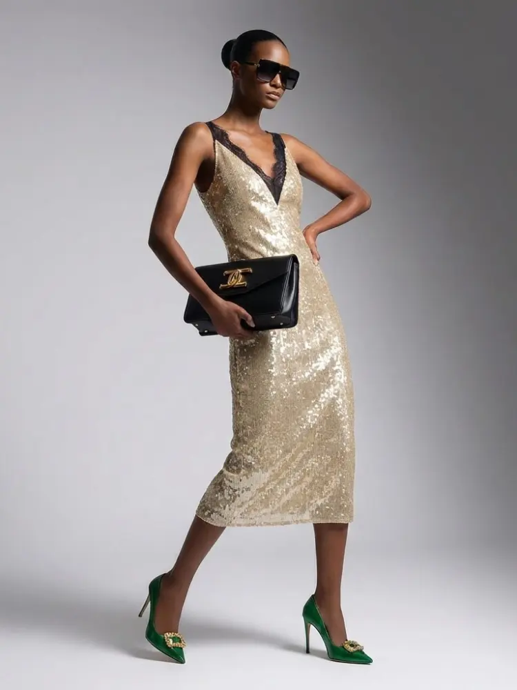 Midi Dress New Collection BYMANYC ® New York • Champagne Gold Sequins & Lace by BYMANYC ® New York