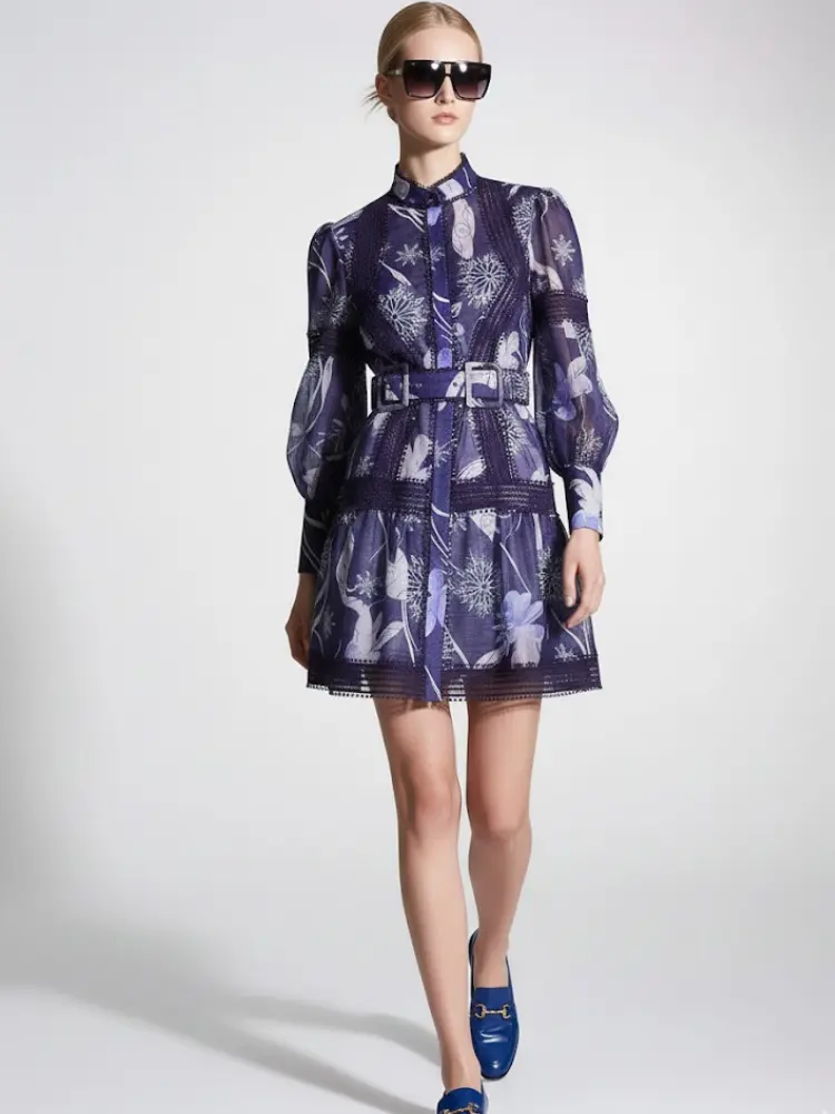 Midnight Blue Mini Dress with Snowflake Print and Guipure Lace • BYMANYC ® New York by BYMANYC ® New York