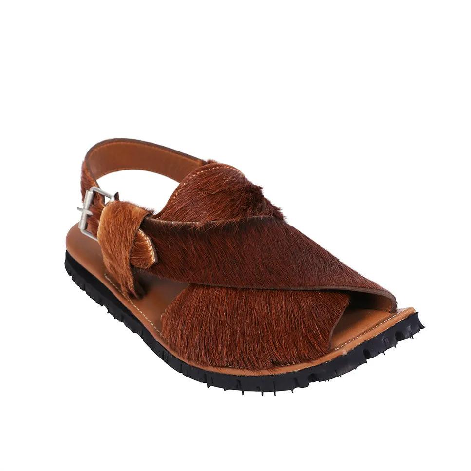 Mikaal Natural Mens Cow Hair On Rugged Leather Sandals Peshawari Chappal by Inland Leather