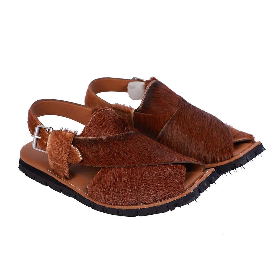 Mikaal Natural Mens Cow Hair On Rugged Leather Sandals Peshawari Chappal by Inland Leather
