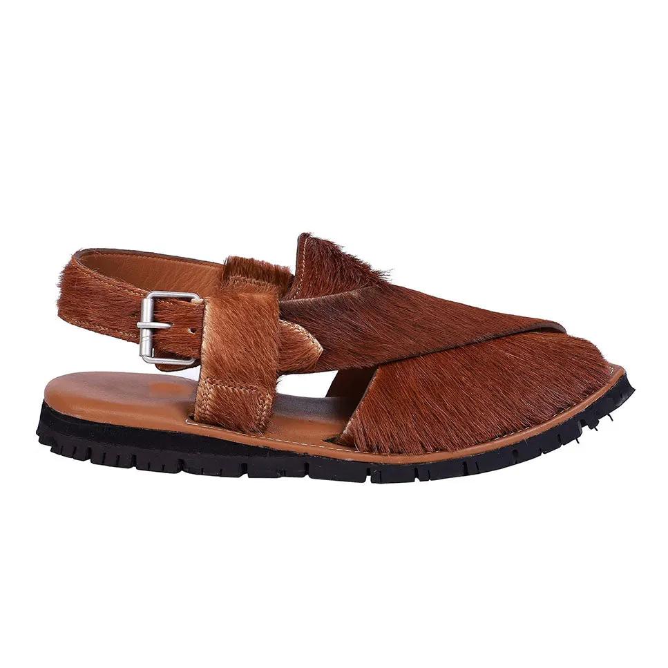 Mikaal Natural Mens Cow Hair On Rugged Leather Sandals Peshawari Chappal by Inland Leather