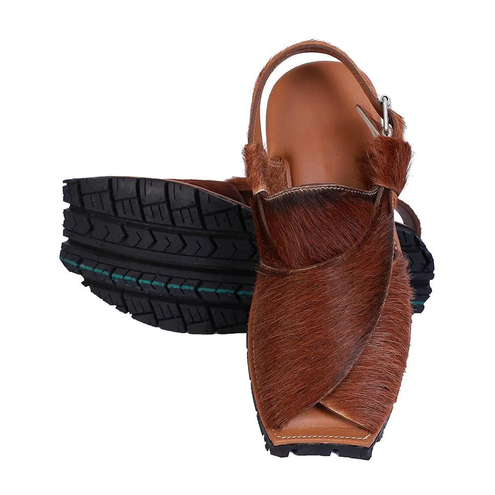 Mikaal Natural Mens Cow Hair On Rugged Leather Sandals Peshawari Chappal by Inland Leather