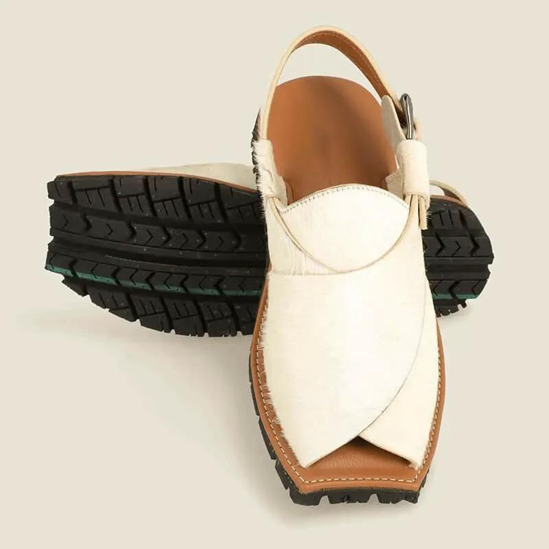 Mikaal Natural Mens Cow Hair On Rugged Leather Sandals Peshawari Chappal by Inland Leather