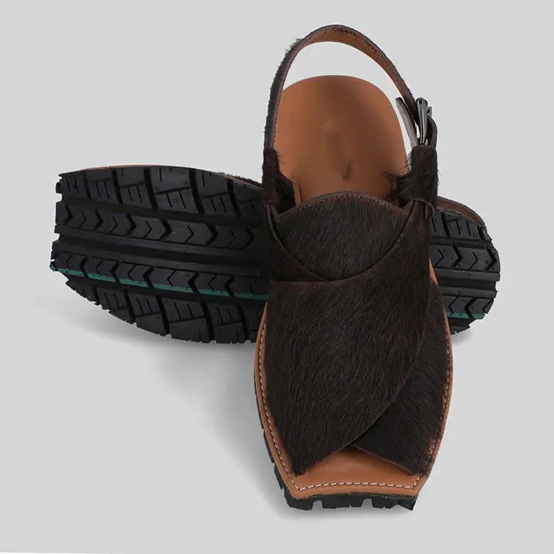 Mikaal Natural Mens Cow Hair On Rugged Leather Sandals Peshawari Chappal by Inland Leather