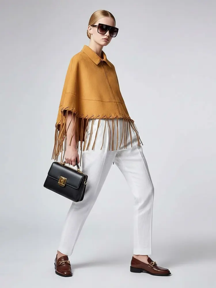Mustard Suede-Finish Cape with Fringes and Eyelet Details • BYMANYC ® New York by BYMANYC ® New York
