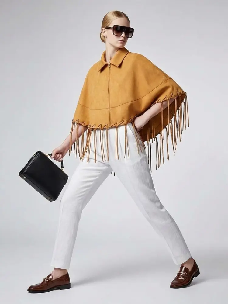 Mustard Suede-Finish Cape with Fringes and Eyelet Details • BYMANYC ® New York by BYMANYC ® New York