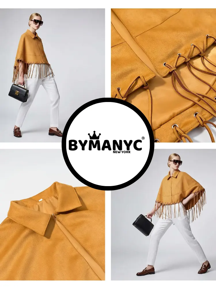 Mustard Suede-Finish Cape with Fringes and Eyelet Details • BYMANYC ® New York by BYMANYC ® New York