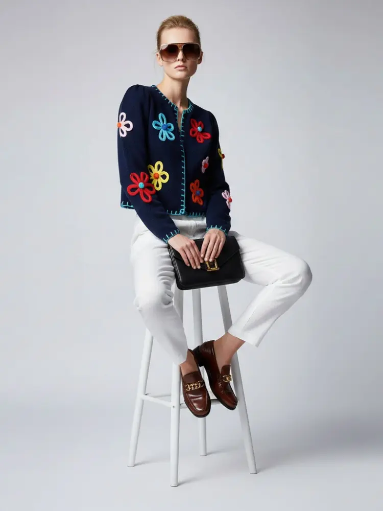 Navy Knit Jacket with 3D Flowers and Contrast Stitching • BYMANYC ® New York by BYMANYC ® New York