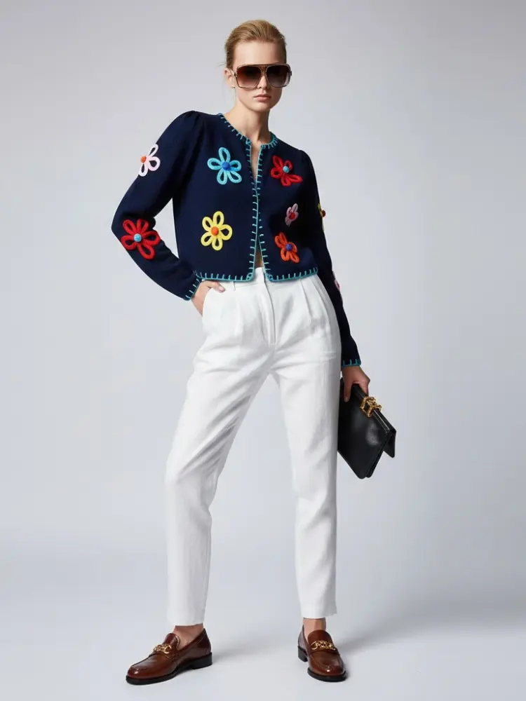 Navy Knit Jacket with 3D Flowers and Contrast Stitching • BYMANYC ® New York by BYMANYC ® New York