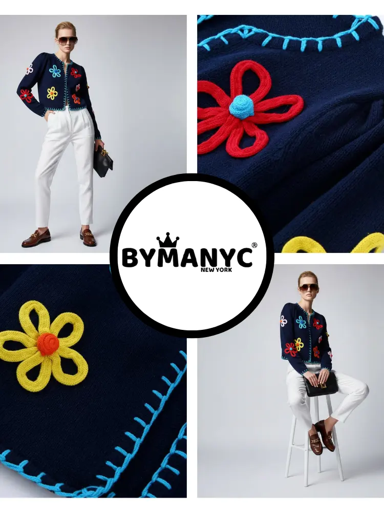 Navy Knit Jacket with 3D Flowers and Contrast Stitching • BYMANYC ® New York by BYMANYC ® New York