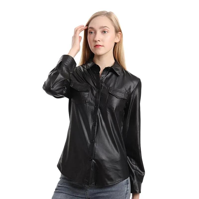 Nightclub Women's Genuine Leather Buttoned Shirt by Inland Leather Co