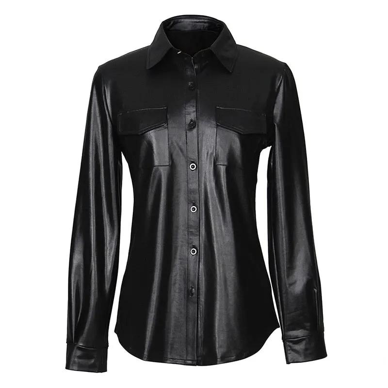Nightclub Women's Genuine Leather Buttoned Shirt by Inland Leather Co
