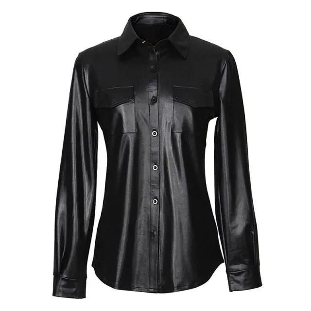 Nightclub Women's Genuine Leather Buttoned Shirt by Inland Leather Co