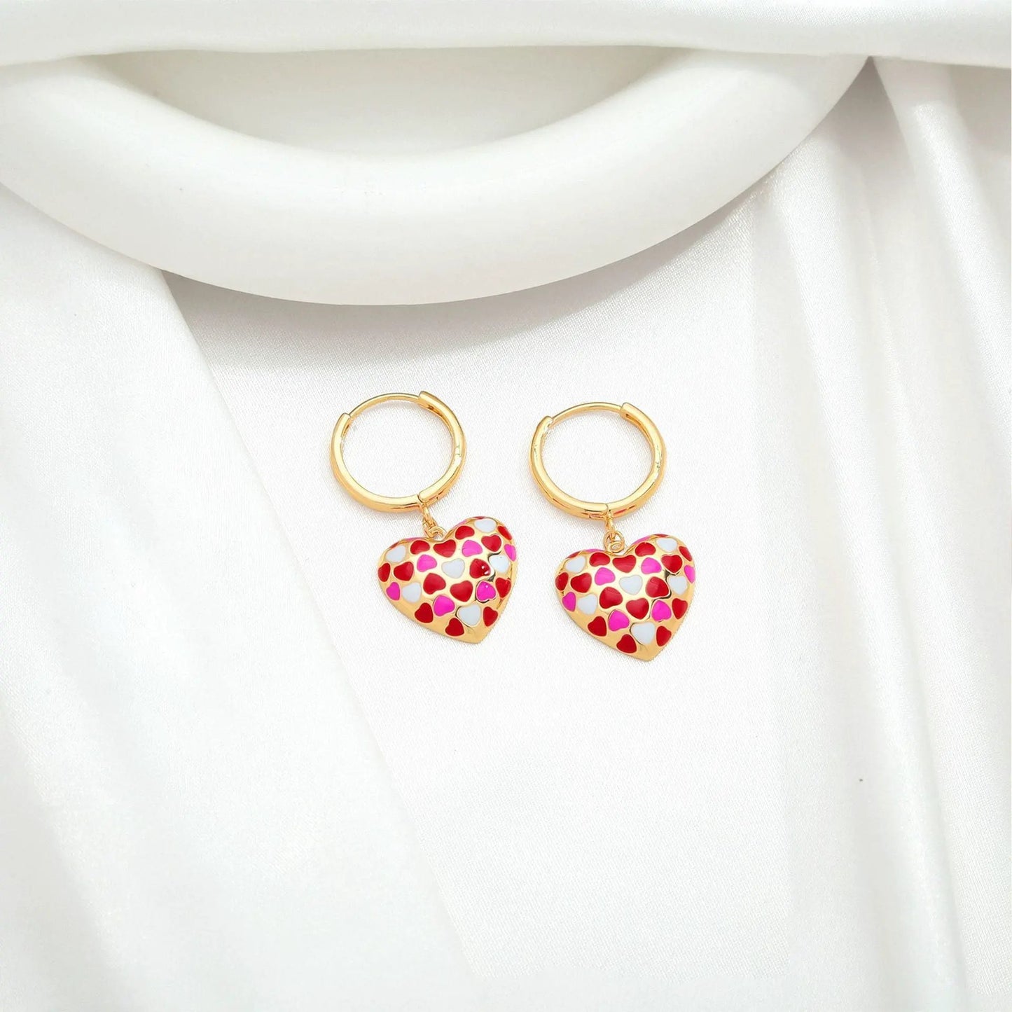 Temperament Love Earrings Cute Gold Plated Drip Oil Love Chessboard Three Dimensional Love Earrings by Dropsure