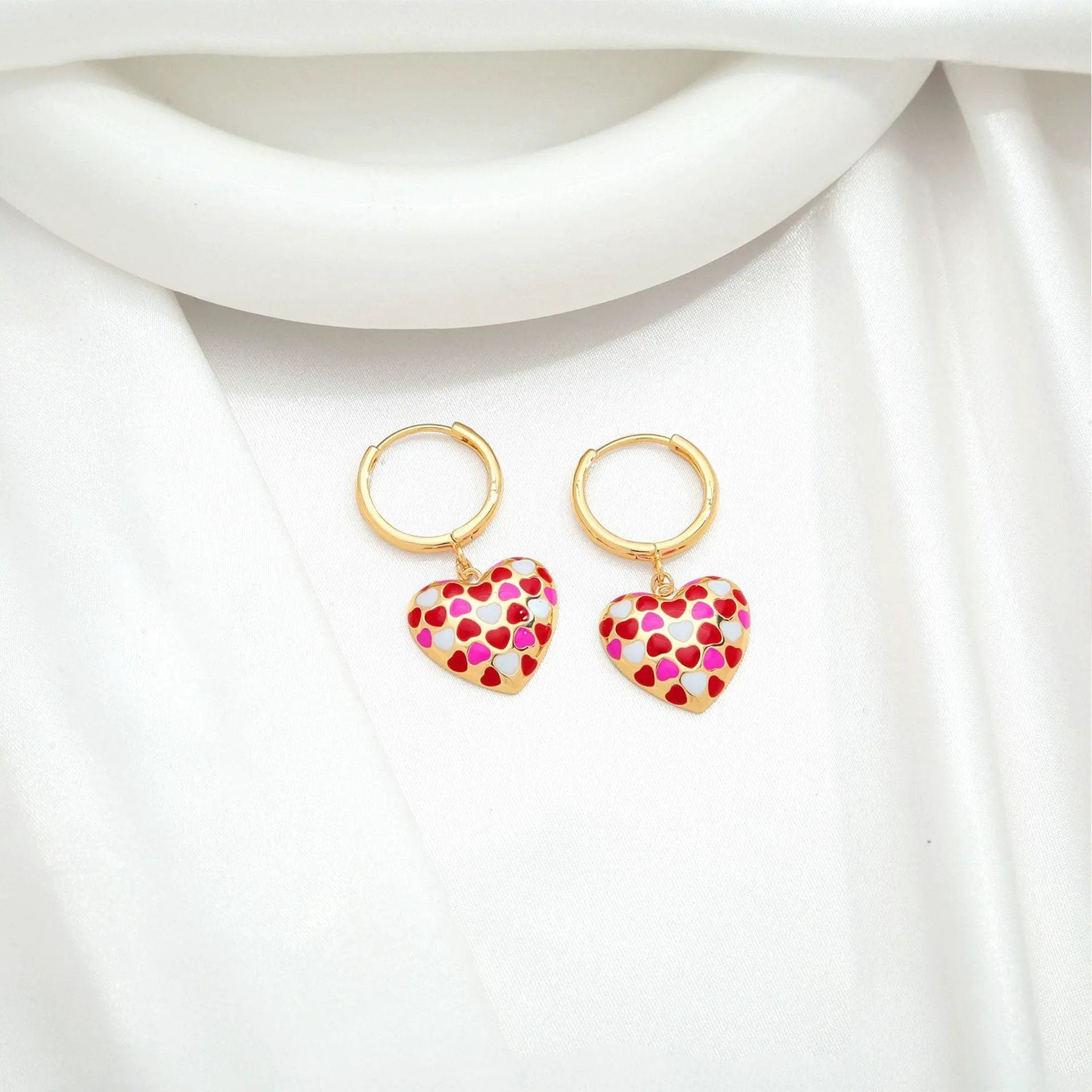 Temperament Love Earrings Cute Gold Plated Drip Oil Love Chessboard Three Dimensional Love Earrings by Dropsure