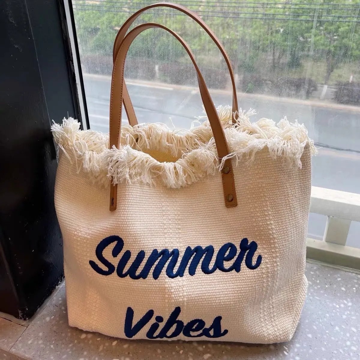 Large capacity canvas tote bag with embroidered letters, handbag for women, woven beach bag, shoulder bag by Dropsure