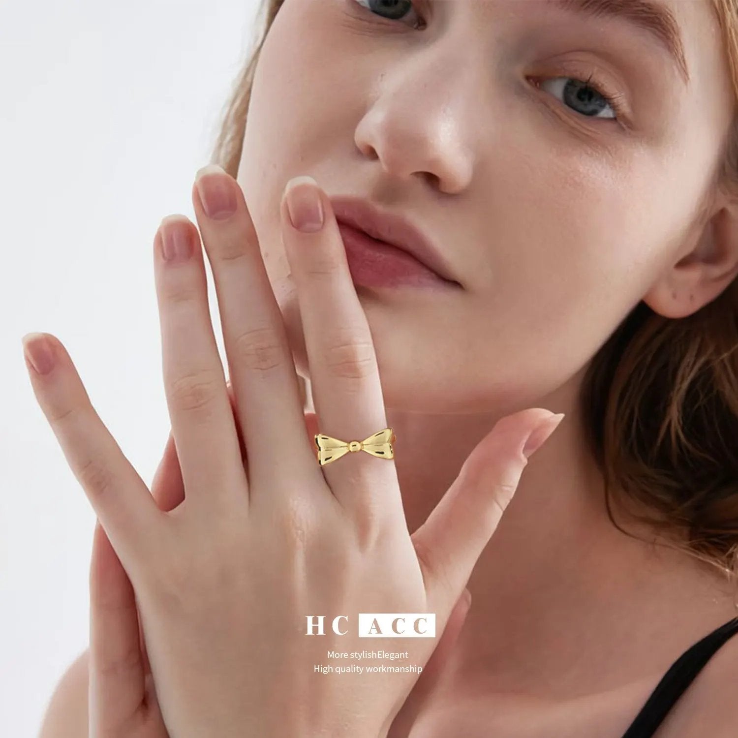 European and American style copper plated real gold bow ring opening design adjustable size fashion luxury high-end ring by Dropsure