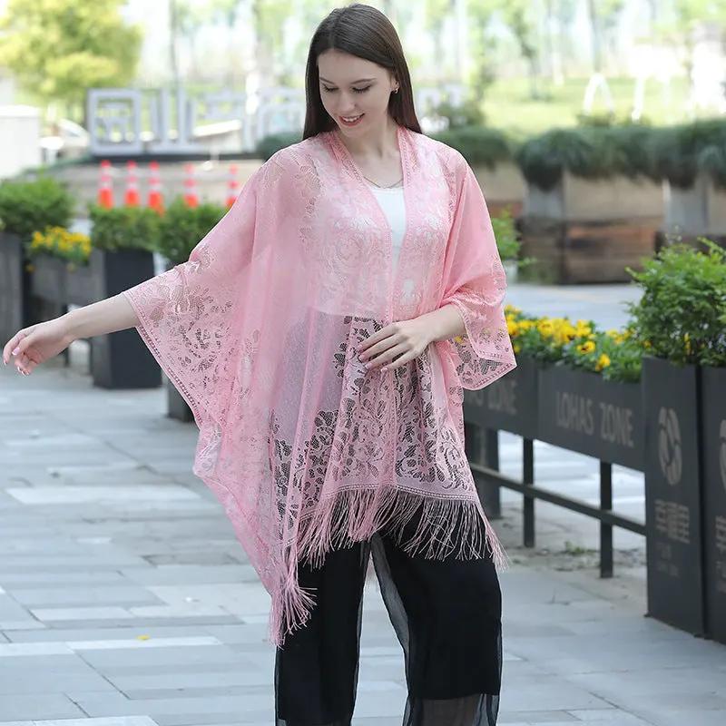 Lace fringed cardigan large shawl, sun protection shawl, women's evening dress cheongsam shawl, travel and vacation beach shawl by Dropsure