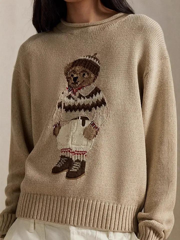 Women's teddy bear embroidery retro slim fit sweater American college style knitted sweater top by Dropsure