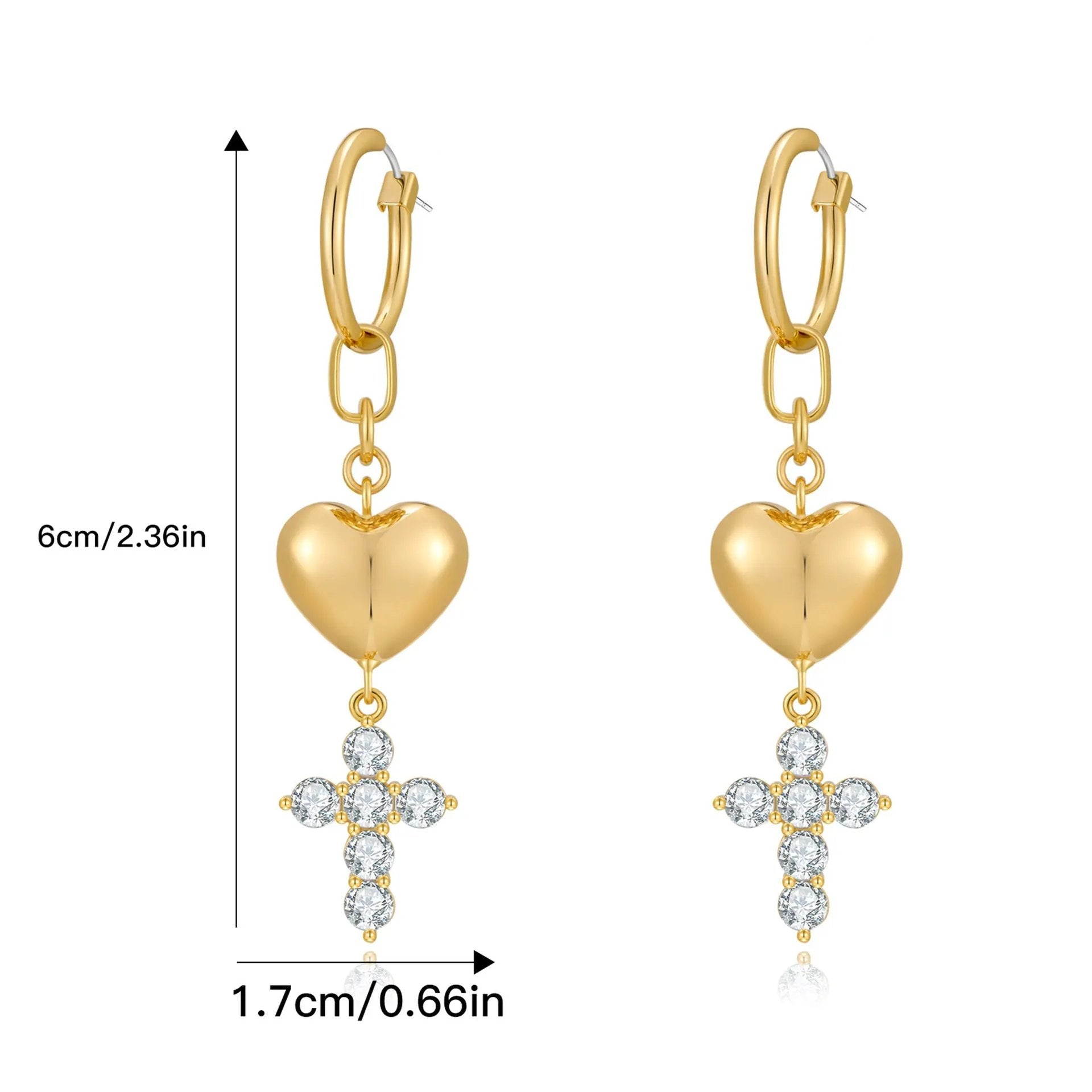 Fashionable heart-shaped ear buckle French retro sweet heart-shaped cross earrings, niche zircon light luxury high-end earrings by Dropsure