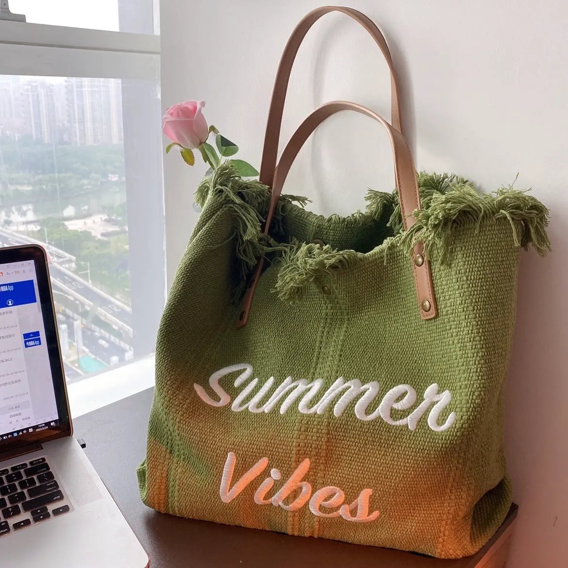 Large capacity canvas tote bag with embroidered letters, handbag for women, woven beach bag, shoulder bag by Dropsure