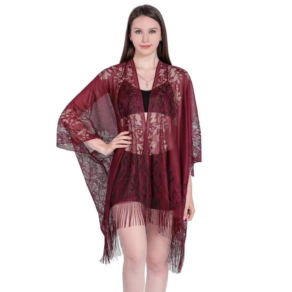 Lace fringed cardigan large shawl, sun protection shawl, women's evening dress cheongsam shawl, travel and vacation beach shawl by Dropsure