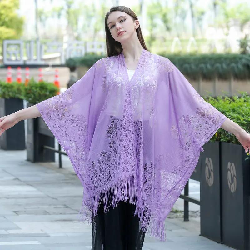 Lace fringed cardigan large shawl, sun protection shawl, women's evening dress cheongsam shawl, travel and vacation beach shawl by Dropsure