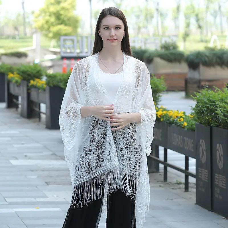 Lace fringed cardigan large shawl, sun protection shawl, women's evening dress cheongsam shawl, travel and vacation beach shawl by Dropsure