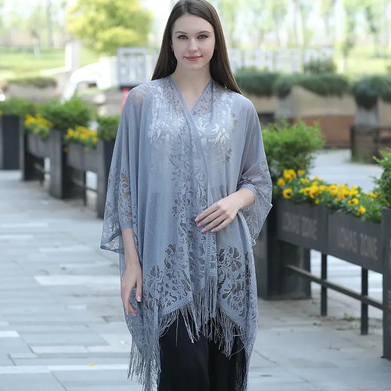 Lace fringed cardigan large shawl, sun protection shawl, women's evening dress cheongsam shawl, travel and vacation beach shawl by Dropsure