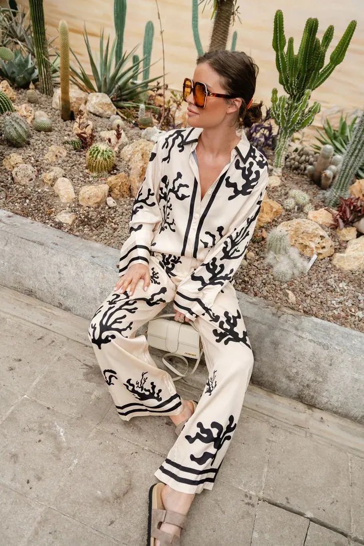 European and American printed color blocked satin vacation loose and casual two-piece set by Dropsure