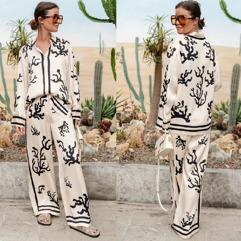 European and American printed color blocked satin vacation loose and casual two-piece set by Dropsure