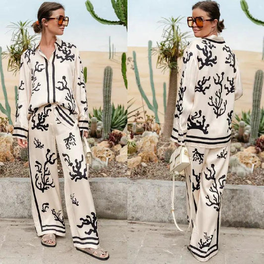 European and American printed color blocked satin vacation loose and casual two-piece set by Dropsure