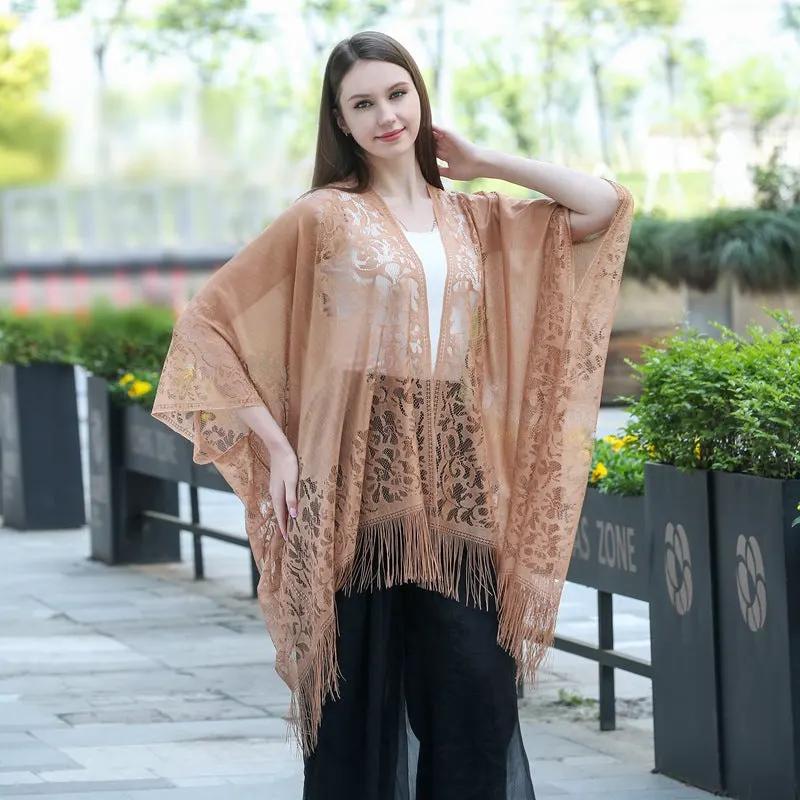 Lace fringed cardigan large shawl, sun protection shawl, women's evening dress cheongsam shawl, travel and vacation beach shawl by Dropsure