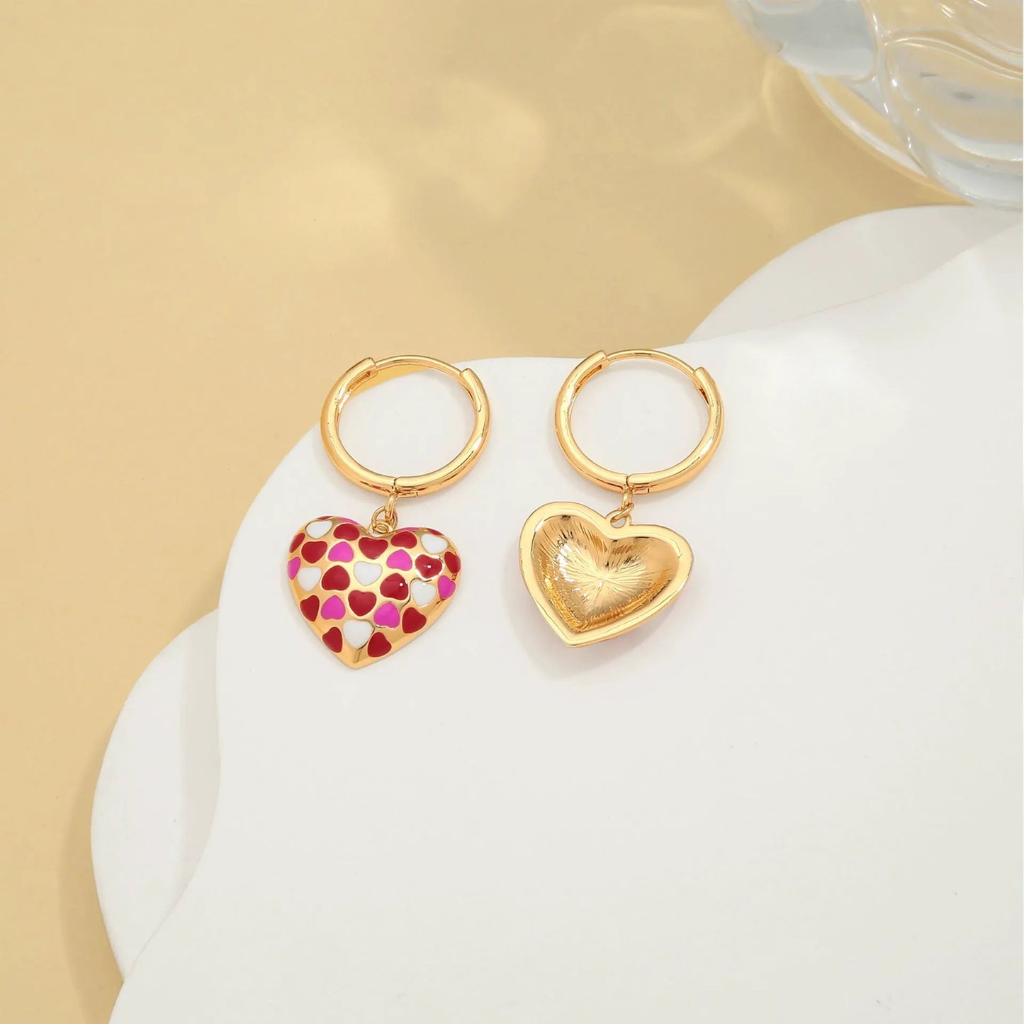 Temperament Love Earrings Cute Gold Plated Drip Oil Love Chessboard Three Dimensional Love Earrings by Dropsure