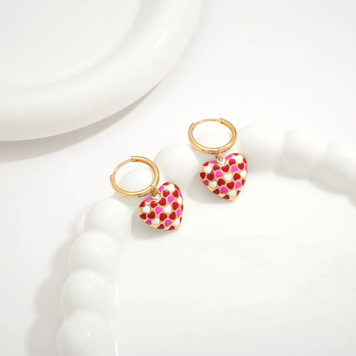 Temperament Love Earrings Cute Gold Plated Drip Oil Love Chessboard Three Dimensional Love Earrings by Dropsure