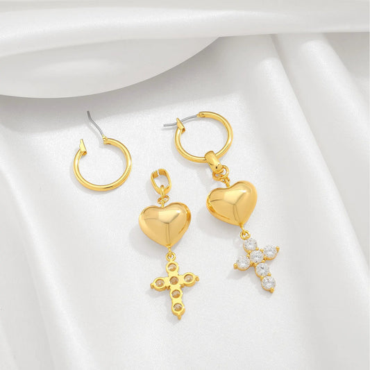Fashionable heart-shaped ear buckle French retro sweet heart-shaped cross earrings, niche zircon light luxury high-end earrings by Dropsure