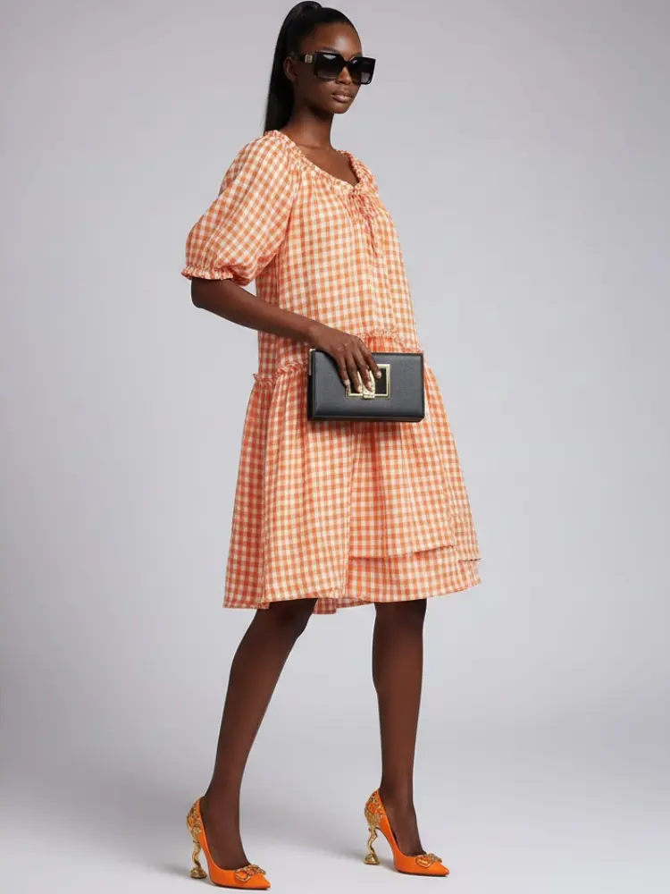 Orange GREENWICH Gingham Dress Prêt-à-Porter BYMANYC ® New York by BYMANYC ® New York