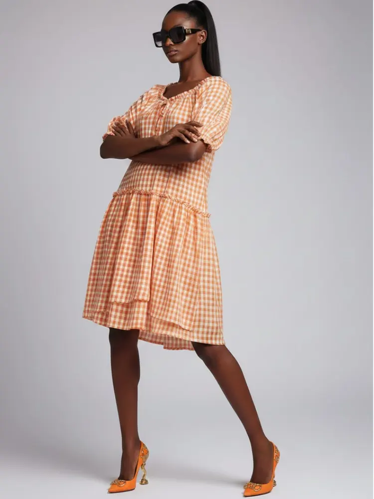Orange GREENWICH Gingham Dress Prêt-à-Porter BYMANYC ® New York by BYMANYC ® New York