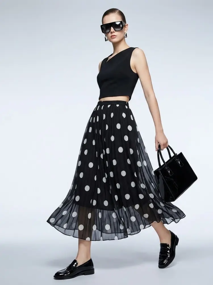 Women's Skirt Black Polka Dot BYMANYC ® New York SOHO PLEATED MAXI - New Collection by BYMANYC ® New York