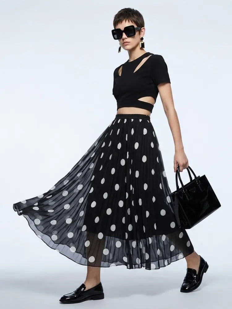 Women's Skirt Black Polka Dot BYMANYC ® New York SOHO PLEATED MAXI - New Collection by BYMANYC ® New York